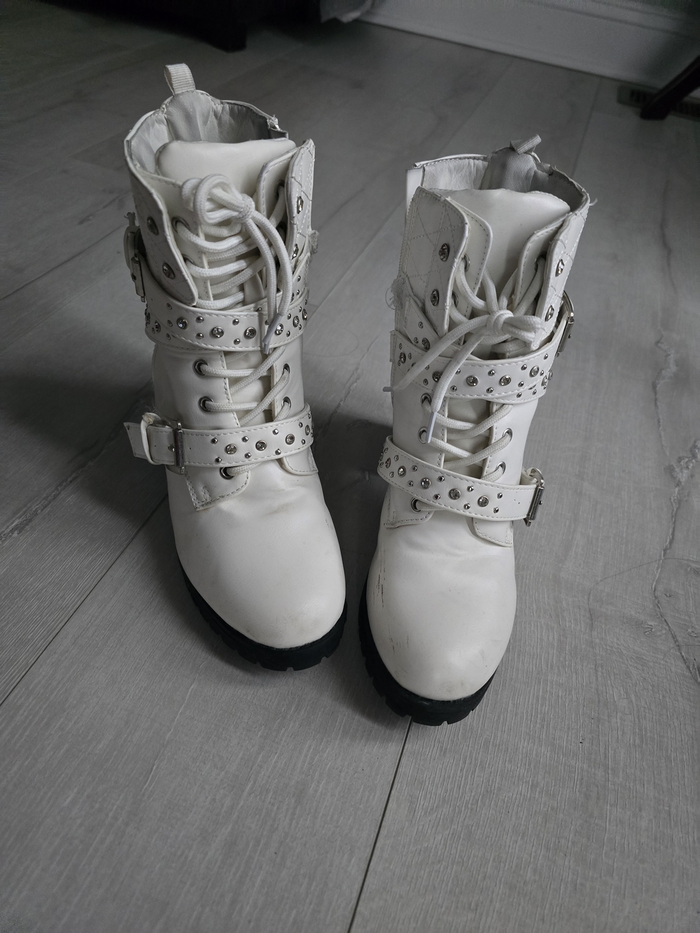 White Studded Combat Boots - Women